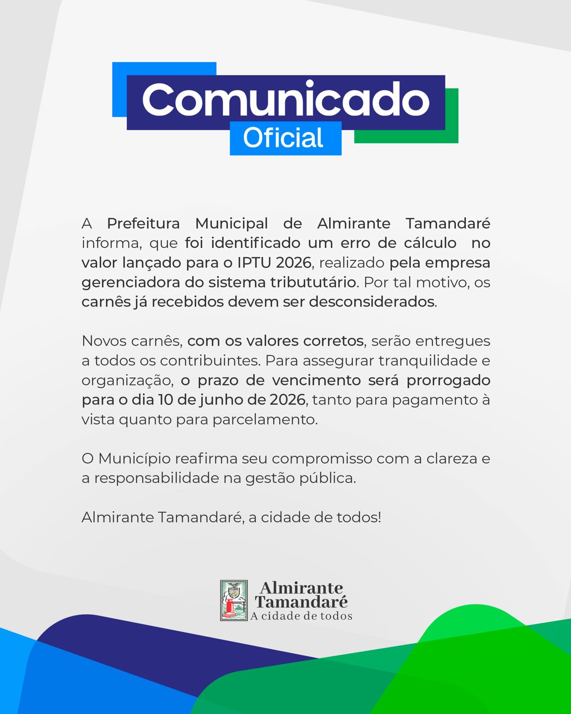 Post no instagram da Prefeitura de Almirante Tamandaré